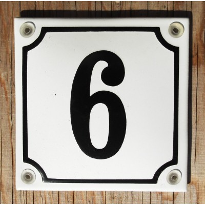 CLASSIC ENAMEL HOUSE NUMBER SIGN. BLACK No.6 ON A WHITE BACKGROUND. 10x10cm.   131920029577